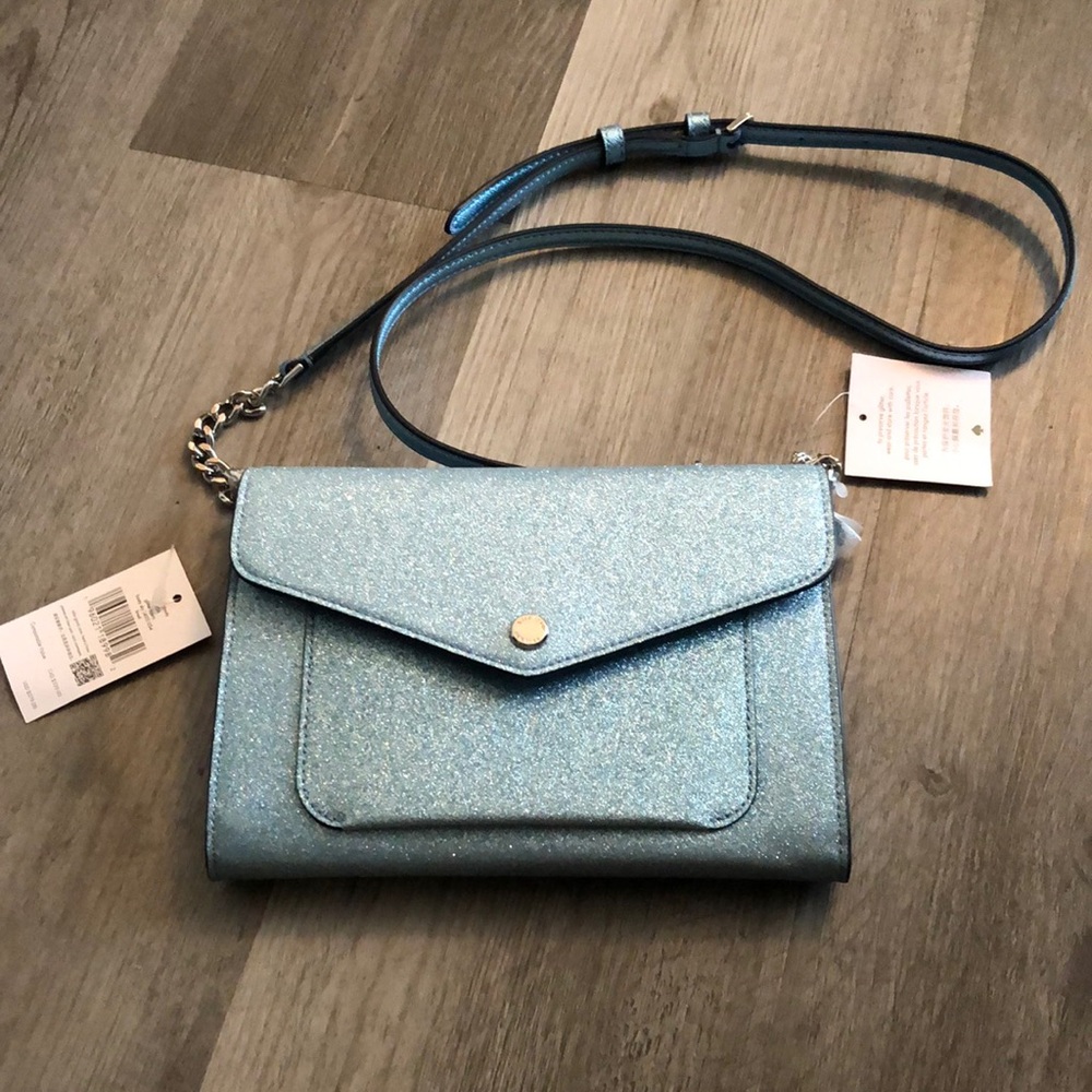 Kate Spade Tinsel Glitter Fabric Flap Crossbody Color Frosty Sky NWT